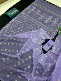 Lite lavender jamdani saree with golden silver copper jori work.