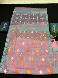 Pink jamdani saree with blue white yellow orange threads work and blouse piece.