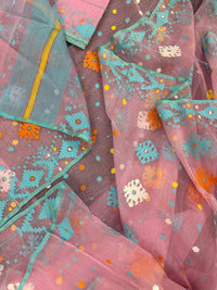Pink jamdani saree with blue white yellow orange threads work and blouse piece.