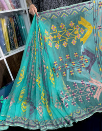 Turquoise blue exclusive halfsilk jamdani saree with yellow pink purple golden threads work