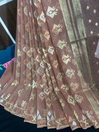 Nude mauve halfsilk jamdani saree with golden silver & copper jori work