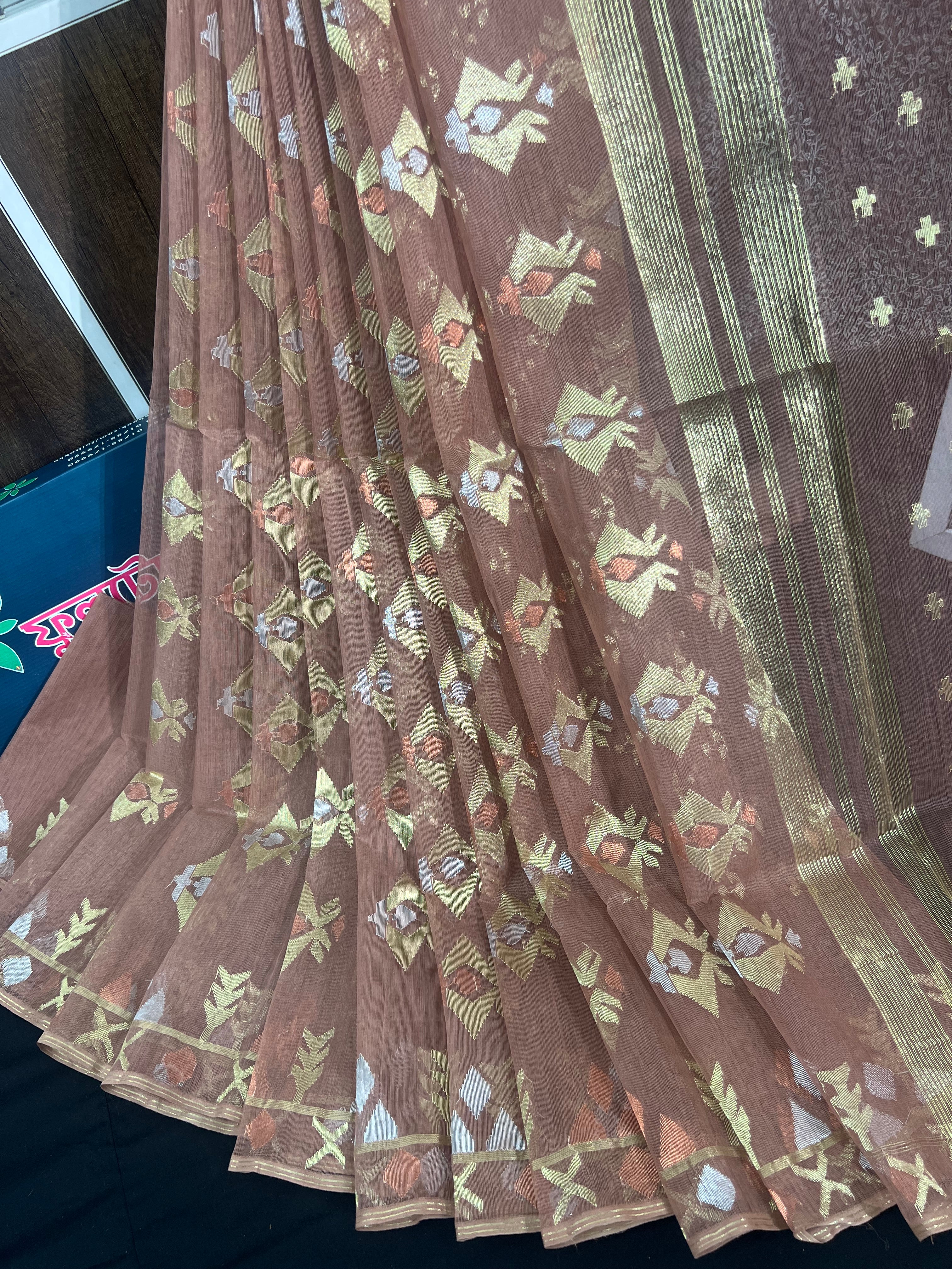 Nude mauve halfsilk jamdani saree with golden silver & copper jori work