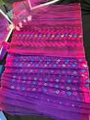 Purple halfsilk jamdani saree with blue pink threads work and golden jori work