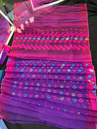 Purple halfsilk jamdani saree with blue pink threads work and golden jori work