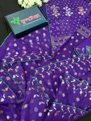 Purple halfsilk jamdani saree golden silver & copper jori work all over soft count.