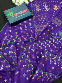 Purple halfsilk jamdani saree golden silver & copper jori work all over soft count.