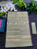 Olive halfsilk jamdani saree with golden silver & copper jori work