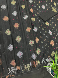 Black Jamdani Saree With Golden Silver & Copper Jori Work