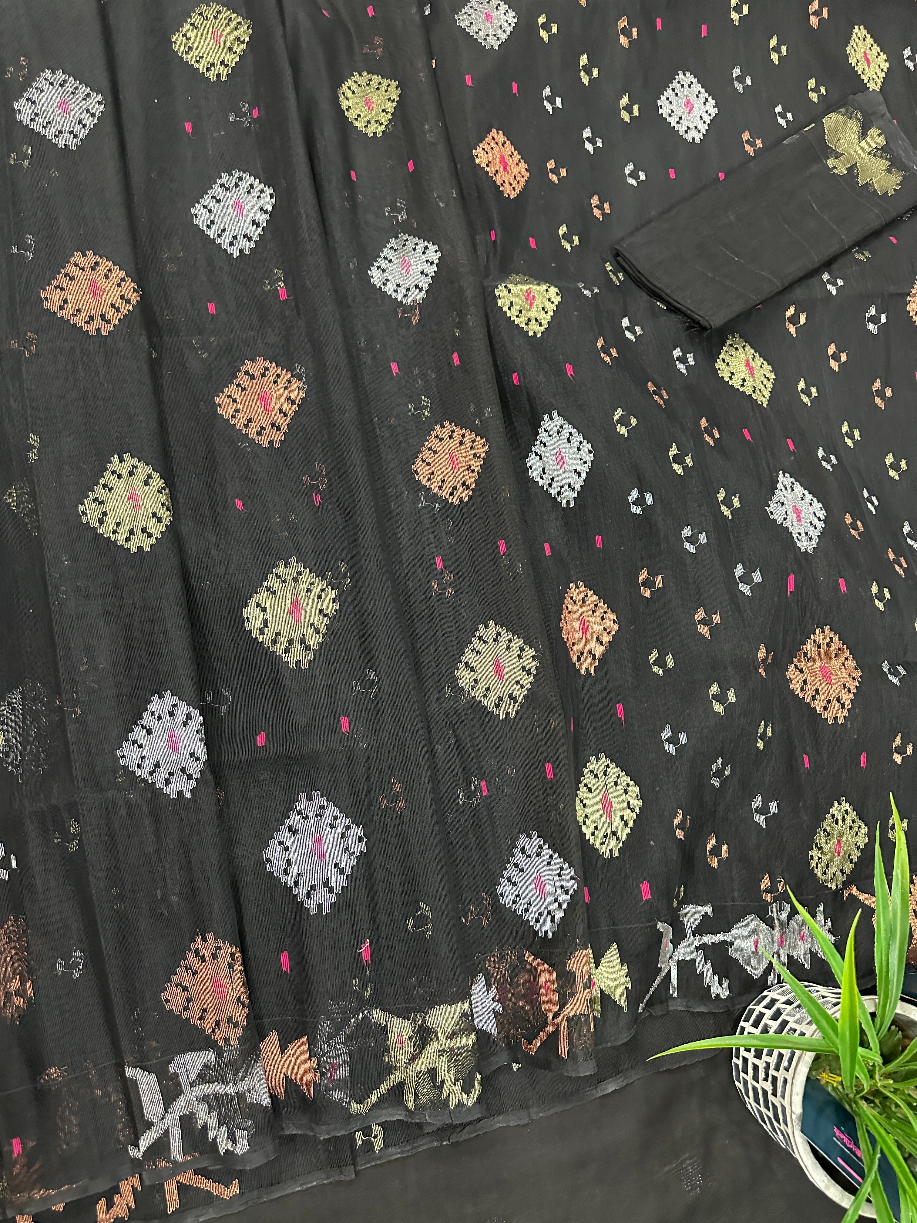 Black Jamdani Saree With Golden Silver & Copper Jori Work