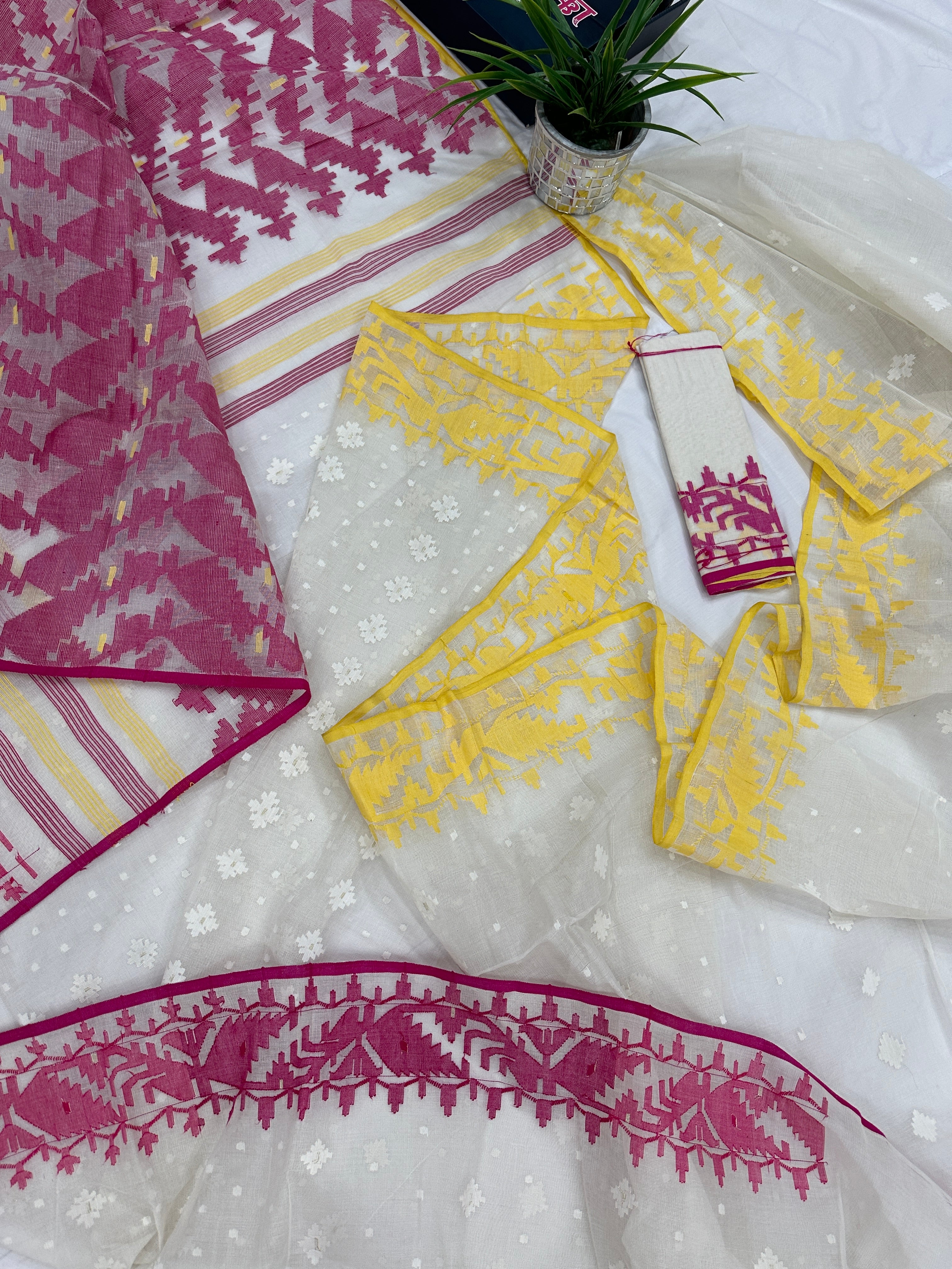 White cotton gonga jamuna design jamdani saree with pink & yellow threads work.