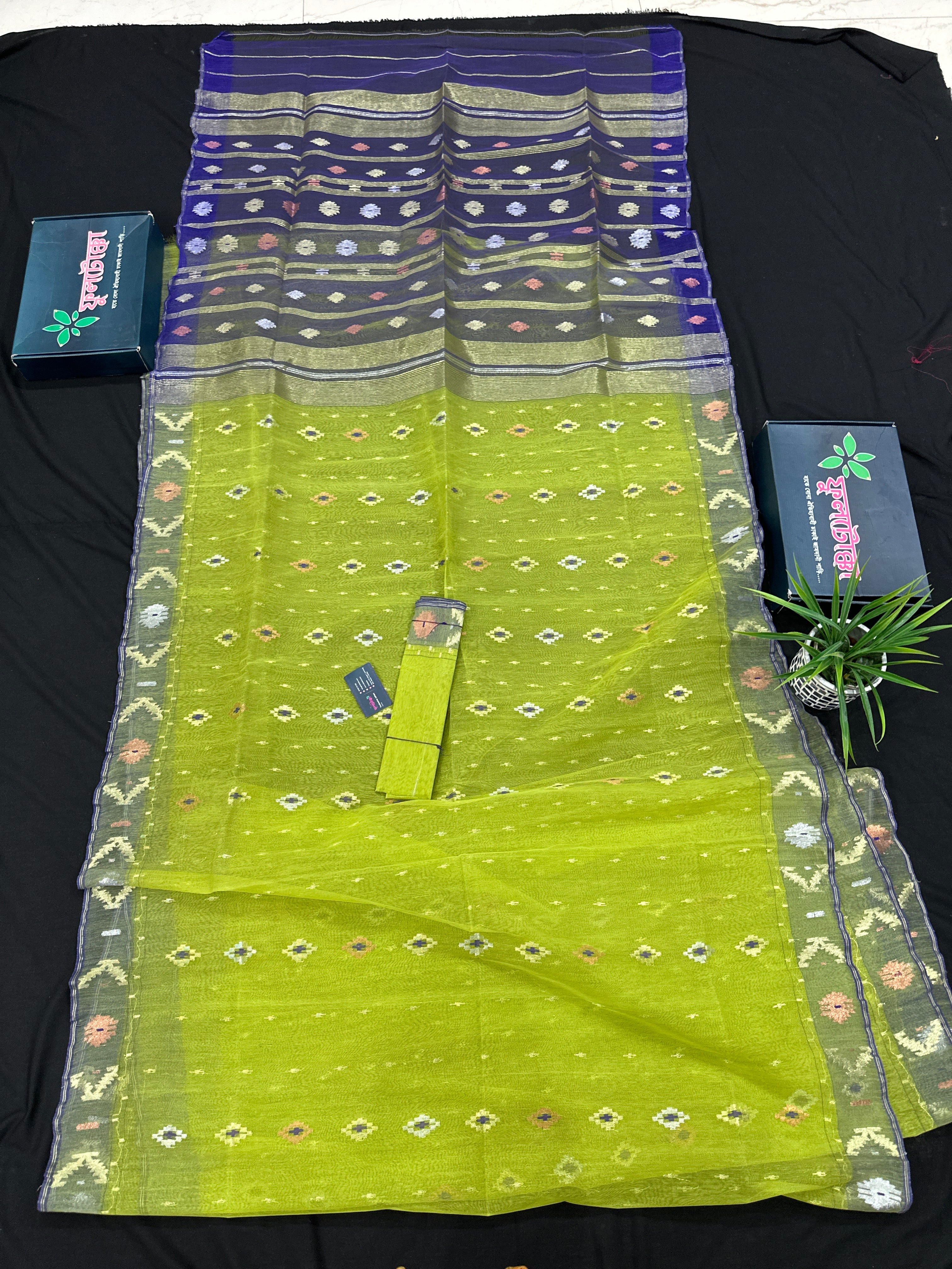 Olive halfsilk jamdani saree with golden silver & copper jori work and blue contrast paar