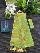Olive green halfsilk jamdani saree with orange and olive threads work