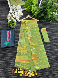 Olive green halfsilk jamdani saree with orange and olive threads work