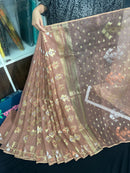 Nude mauve halfsilk jamdani saree with golden silver & copper jori work