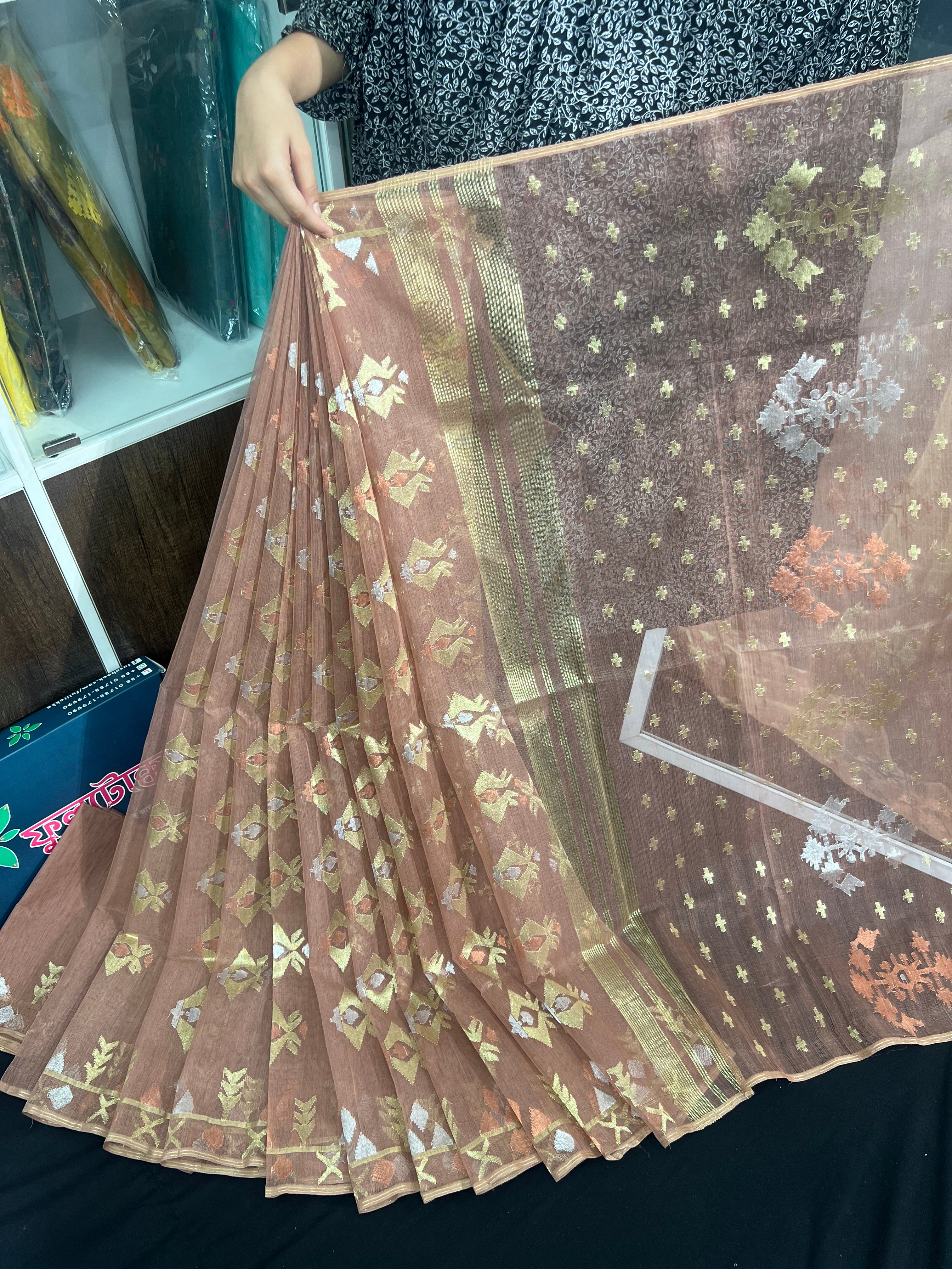 Nude mauve halfsilk jamdani saree with golden silver & copper jori work