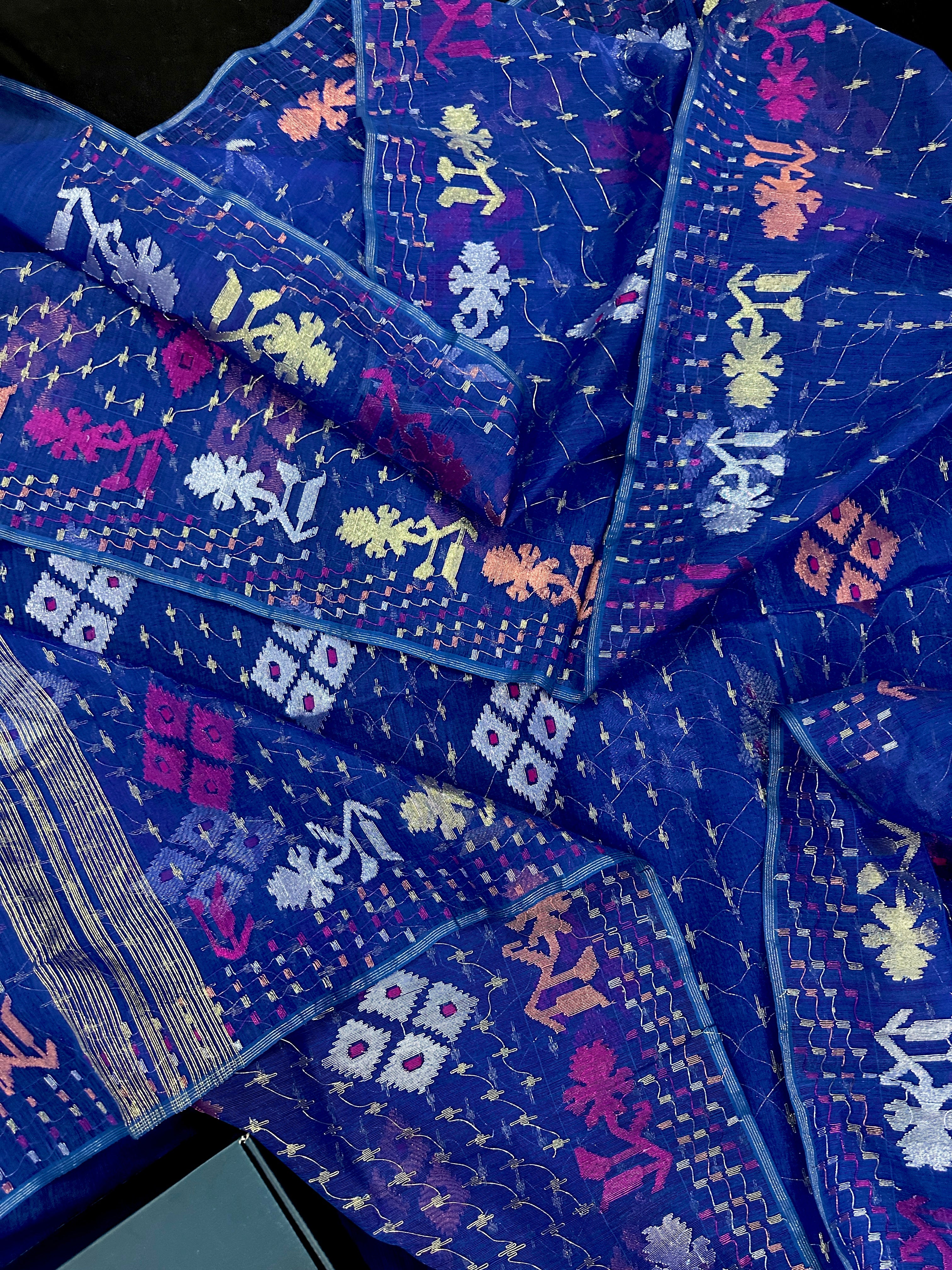 Blue jamdani saree with golden silver & copper jori work also pink jori work
