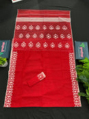 Red cotton jamdani saree with white threads work