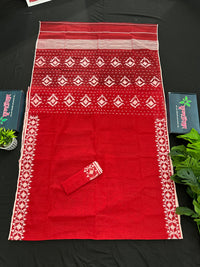 Red cotton jamdani saree with white threads work