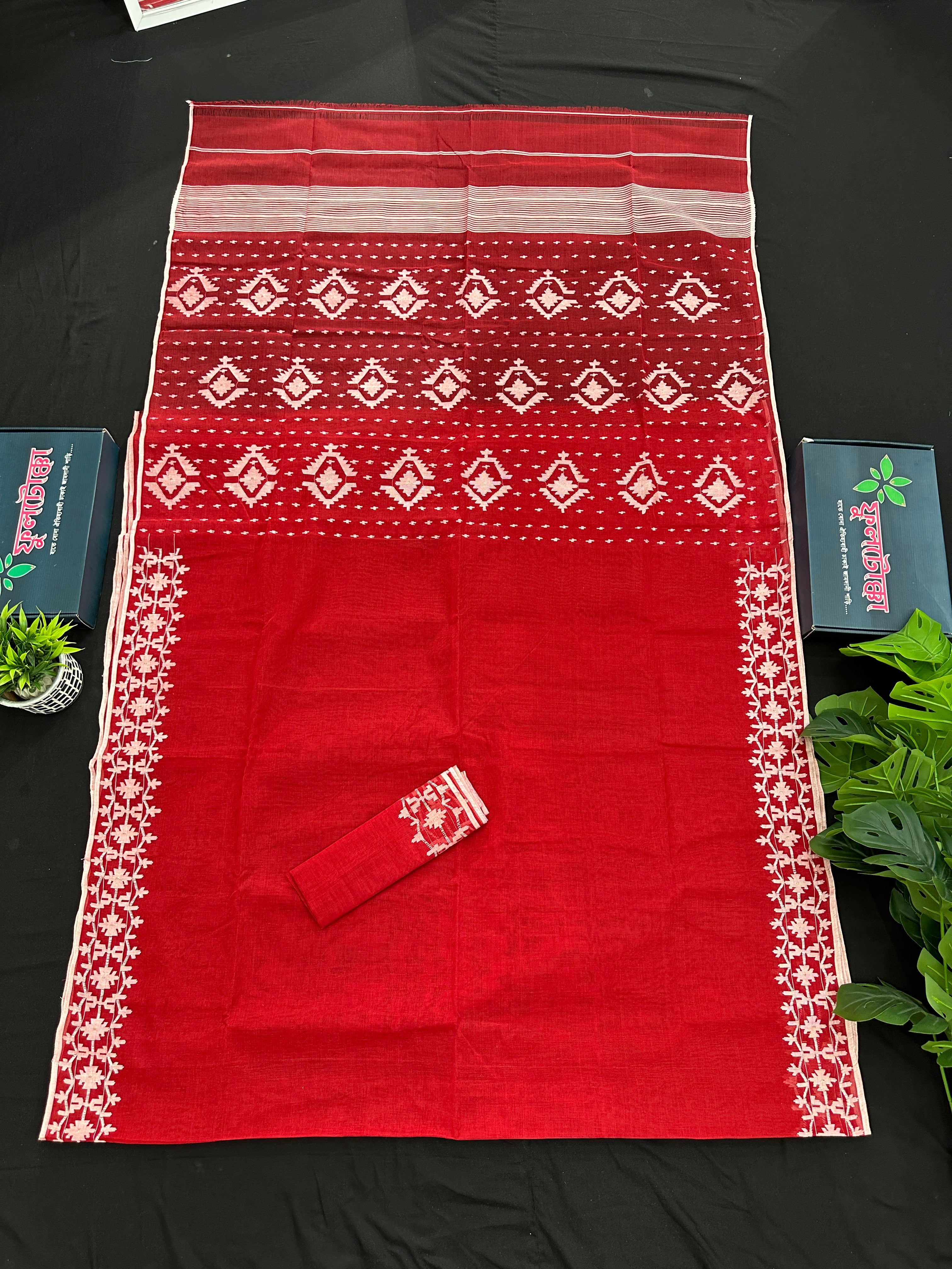Red cotton jamdani saree with white threads work
