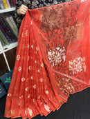 Brick colour halfsilk jamdani saree with self threads work and off white threads work