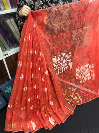 Brick colour halfsilk jamdani saree with self threads work and off white threads work