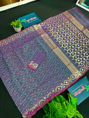 Purplish blue dual toned halfsilk jamdani saree with golden silver & copper jori work