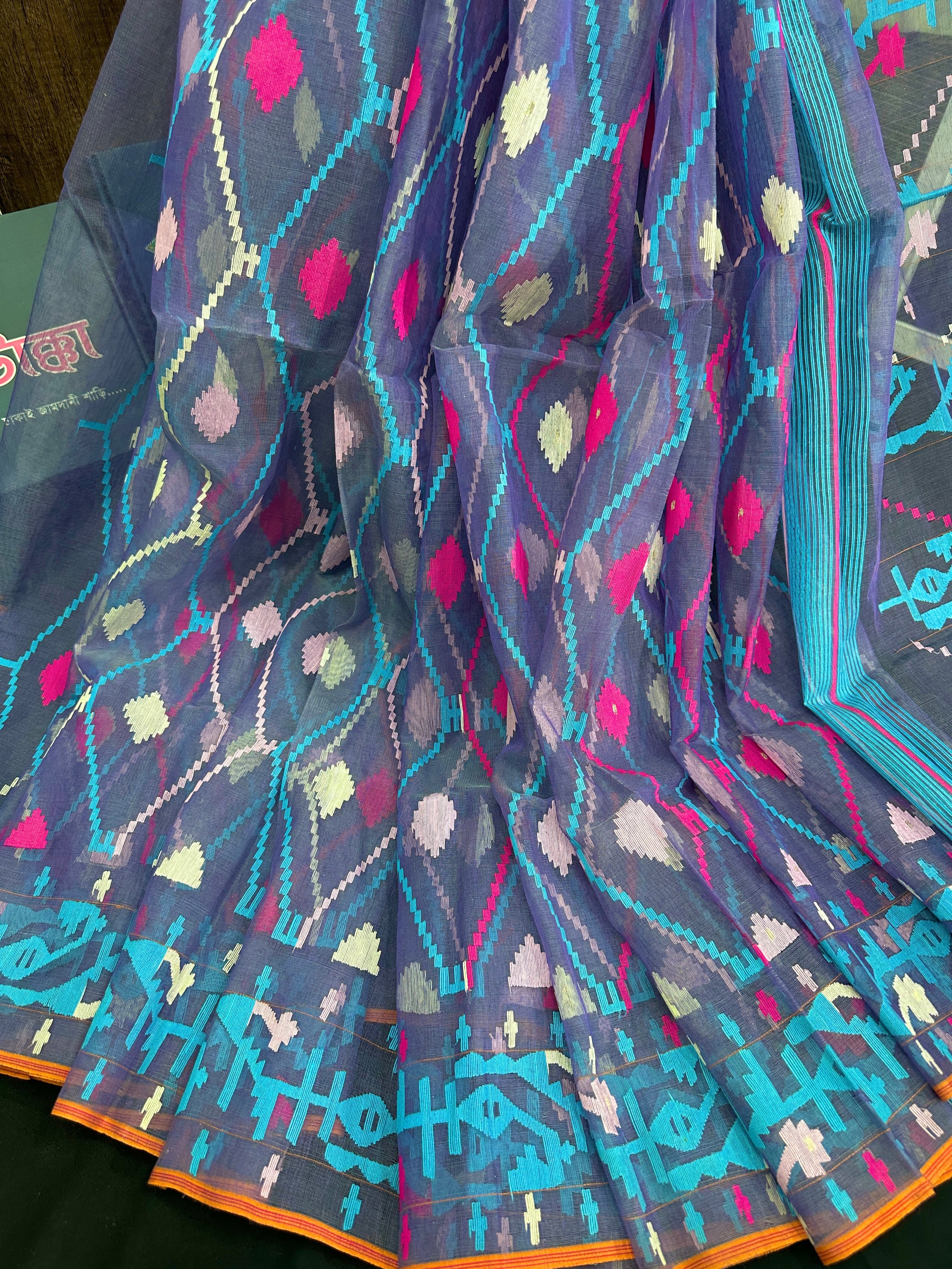 Dual toned purple halfsilk jamdani saree with white pink blue threads work