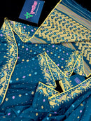 Peacock blue cotton jamdani saree with yellow threads work all over soft count