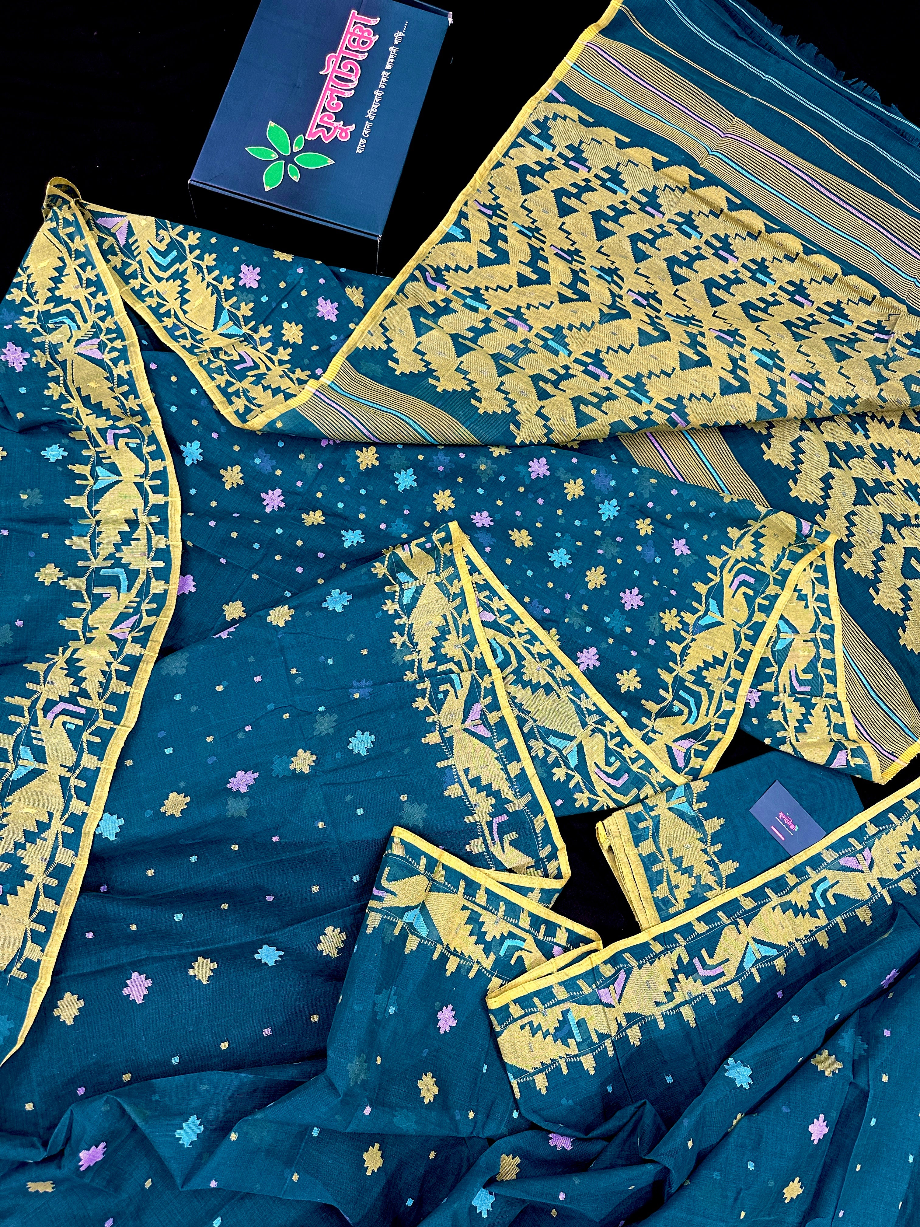 Peacock blue cotton jamdani saree with yellow threads work all over soft count