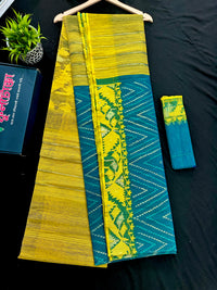 Sea green with yellow halfsilk jamdani with golden jori work and self threads work