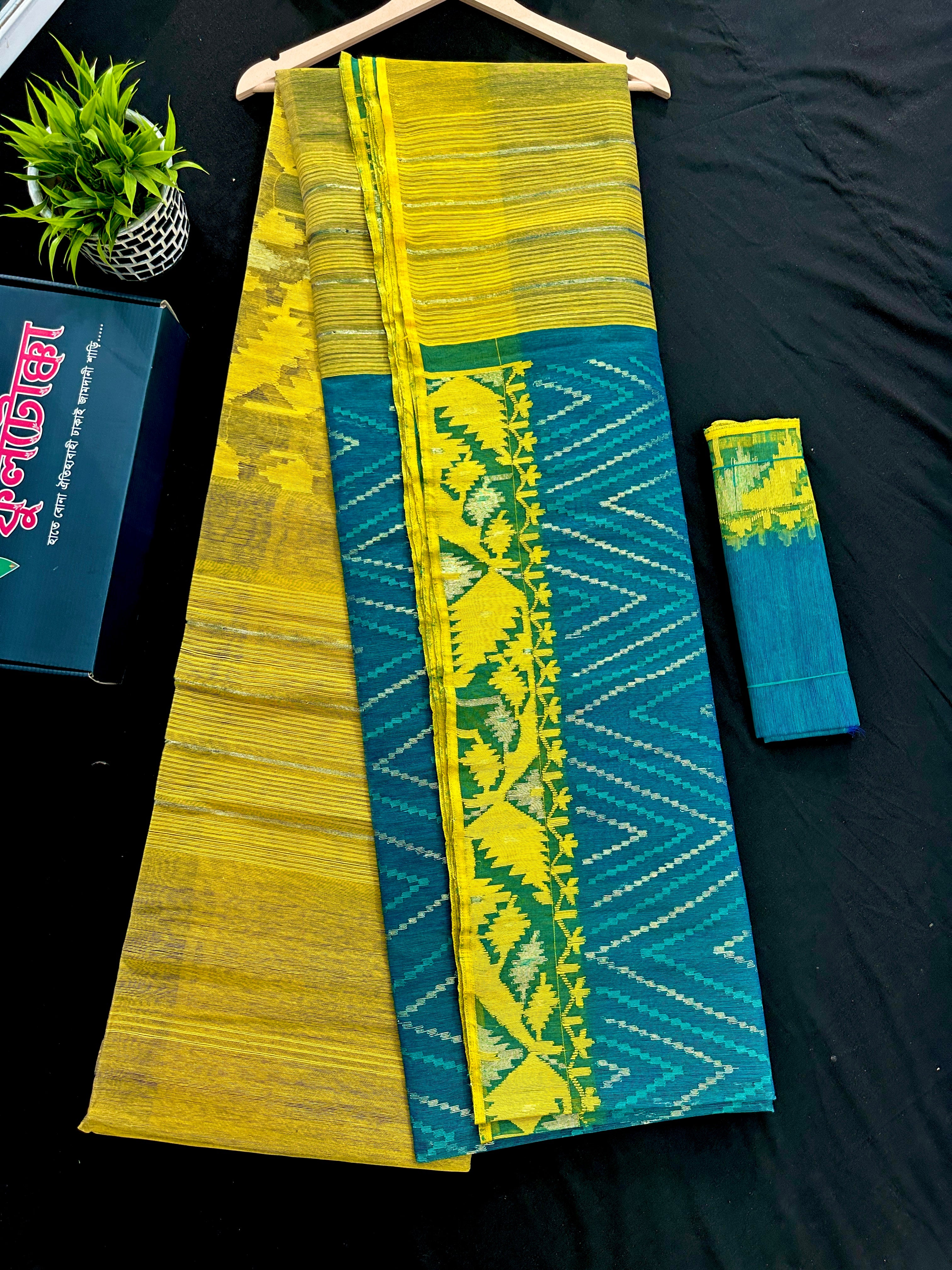 Sea green with yellow halfsilk jamdani with golden jori work and self threads work