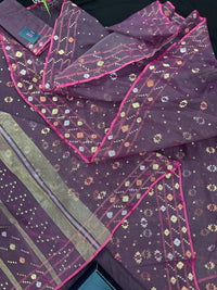 Deep bitrut dual toned jamdani saree with golden silver & copper jori work.