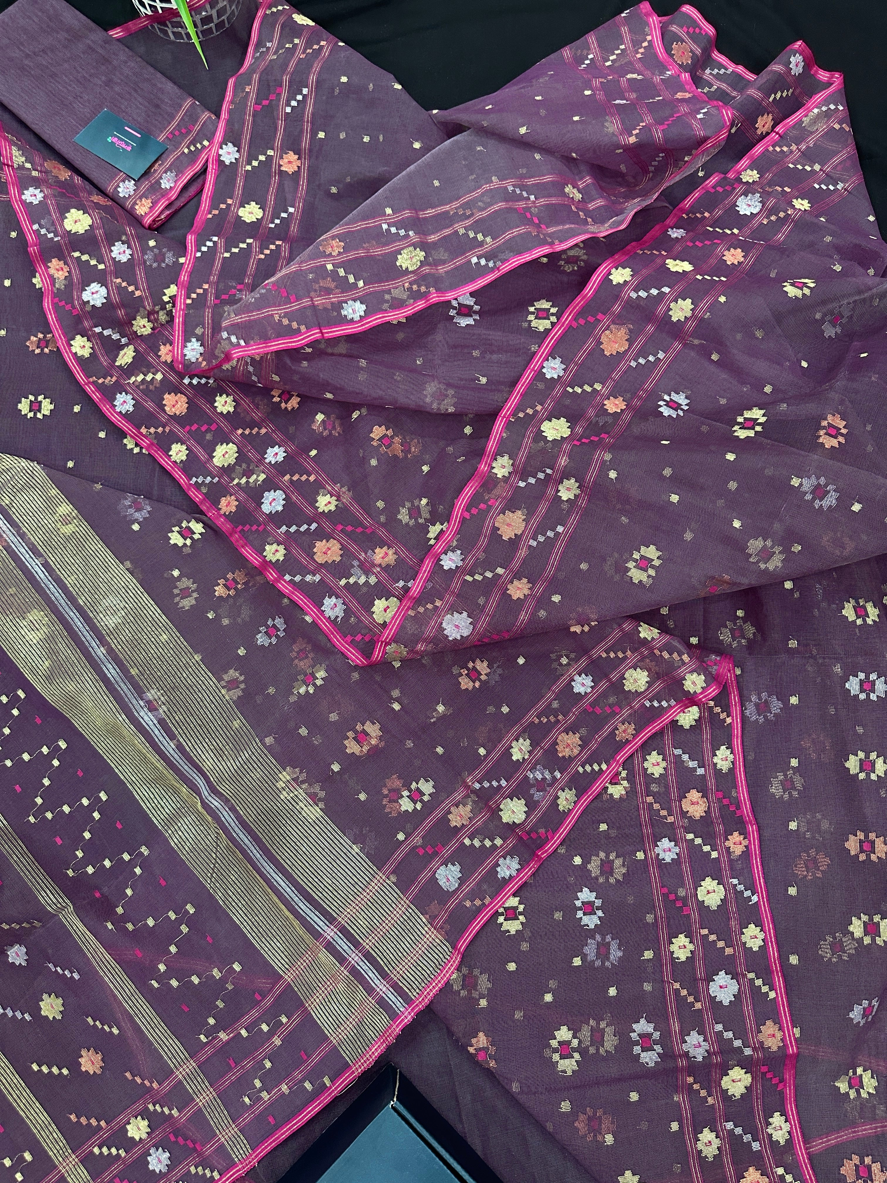 Deep bitrut dual toned jamdani saree with golden silver & copper jori work.