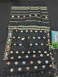 Black Jamdani Saree With Golden Silver & Copper Jori Work
