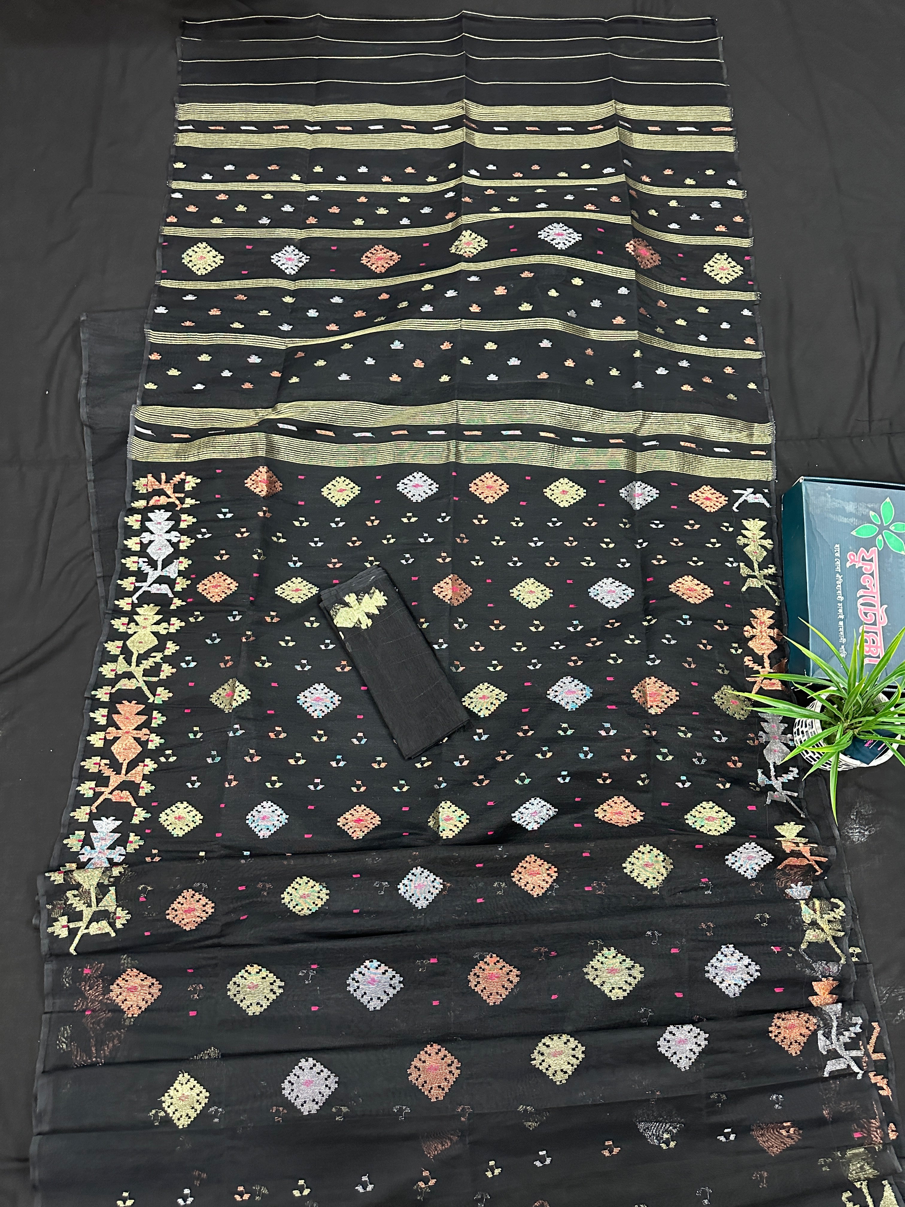 Black Jamdani Saree With Golden Silver & Copper Jori Work