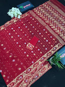 Red jamdani saree with golden jori all over work with blouse piece.