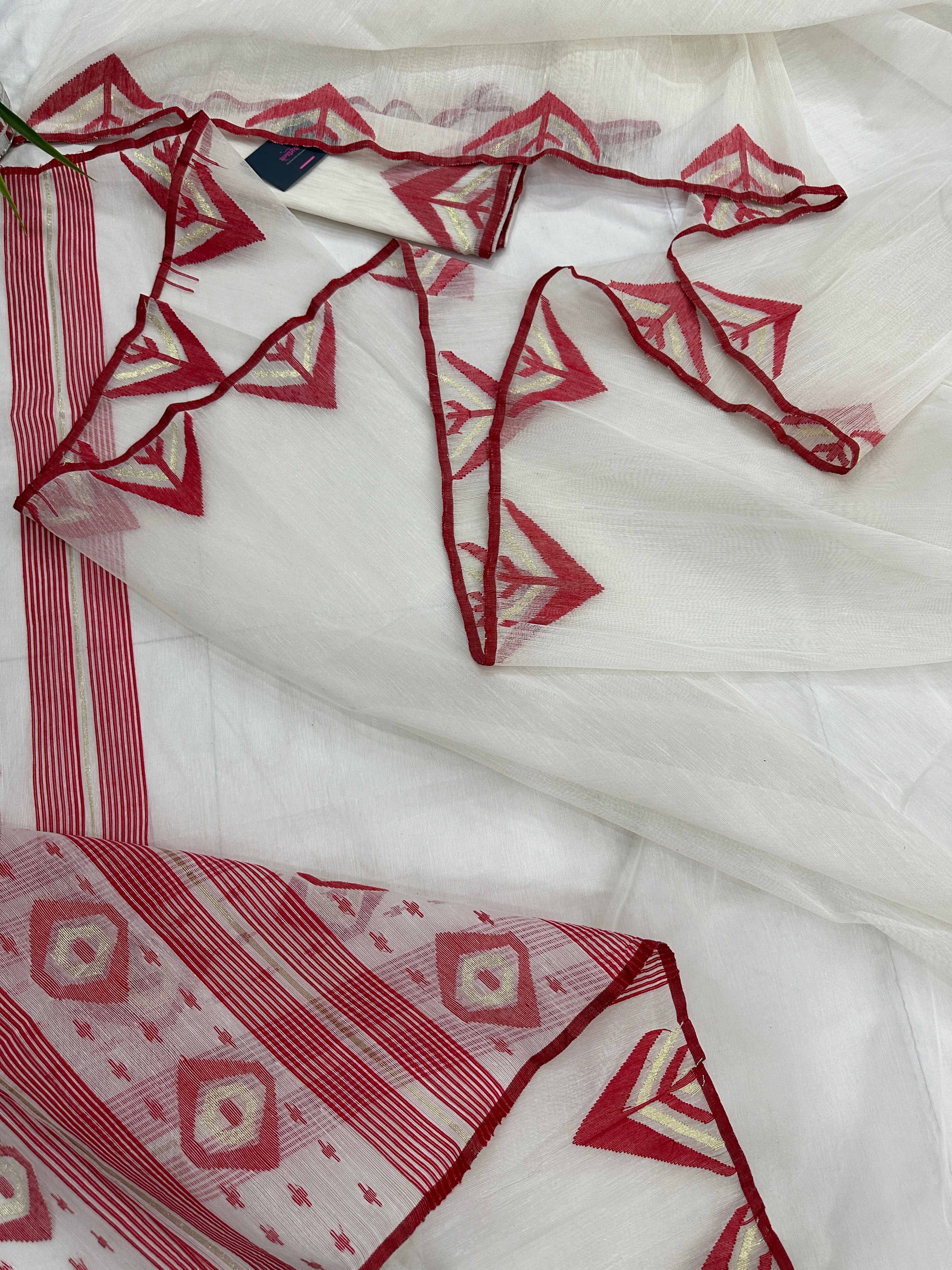 White Jamdani Saree With Red Paar.