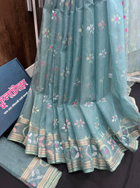Surma ash halfsilk jamdani saree with golden silver & copper jori work and pink meena work