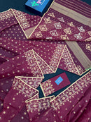 Maroon cotton jamdani with yellowish threads work.