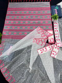 White & Red Original Handloom Cotton Dhakai Jamdani
