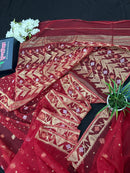 Red jamdani saree with golden jori all over work with blouse piece.