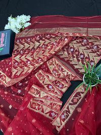 Red jamdani saree with golden jori all over work with blouse piece.
