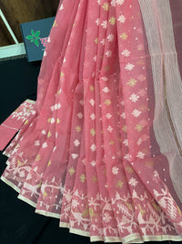 Pink cotton jamdani saree with white threads work and blouse piece