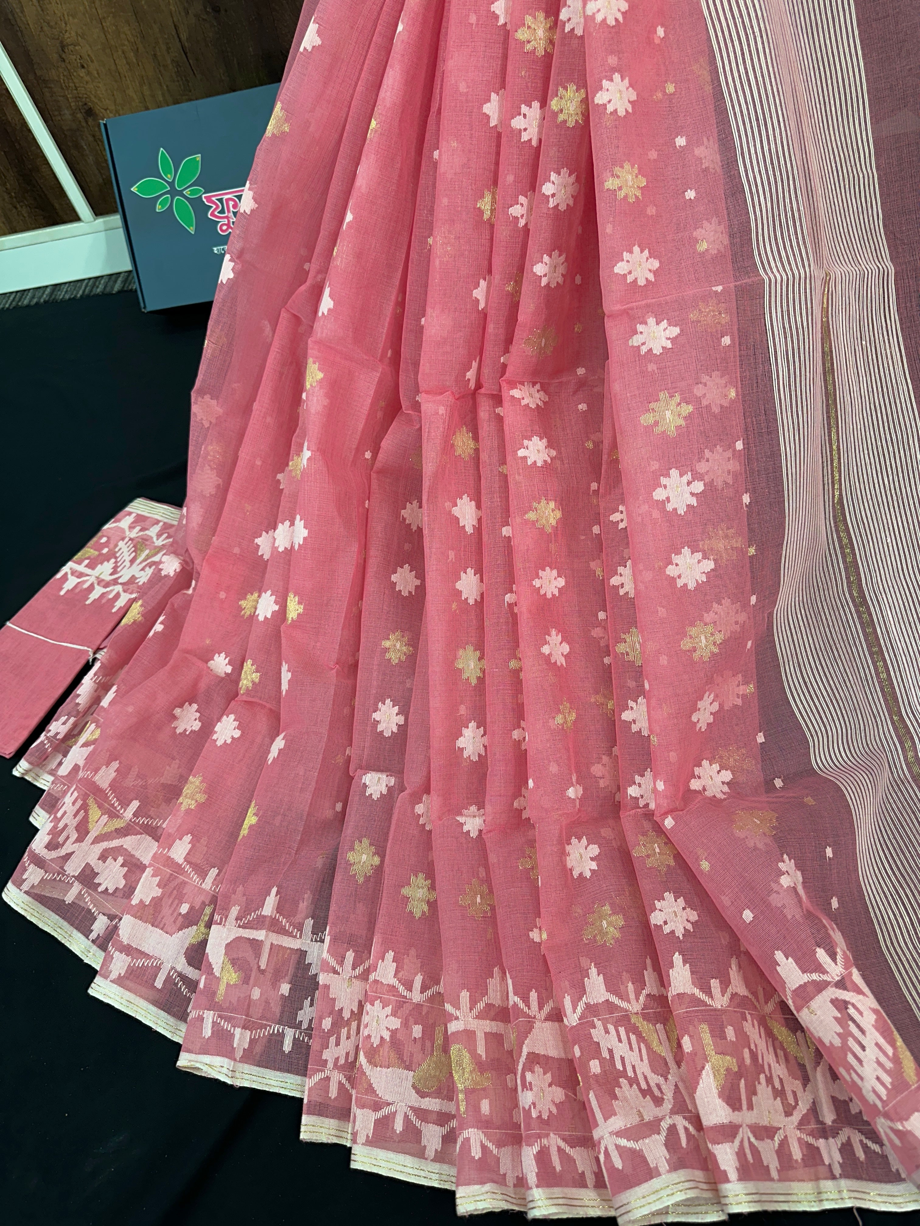 Pink cotton jamdani saree with white threads work and blouse piece