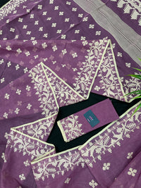 Onion cotton jamdani saree with yellowish threads work all over work.