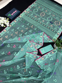 Bright Teal Blue dhakai Jamdani saree with pink border all over work soft count.