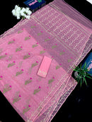 Rosy pink dhakai jamdani saree with golden jori work green thread work and pink flower soft count