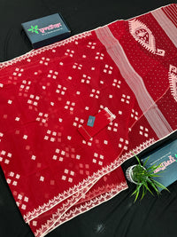 Radish Maroon cotton jamdani saree with white threads work all over work.