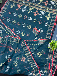 Blue Colour Original Handloom Halfsilk Dhakai Jamdani Saree With Golden Silver & Copper Jori Work