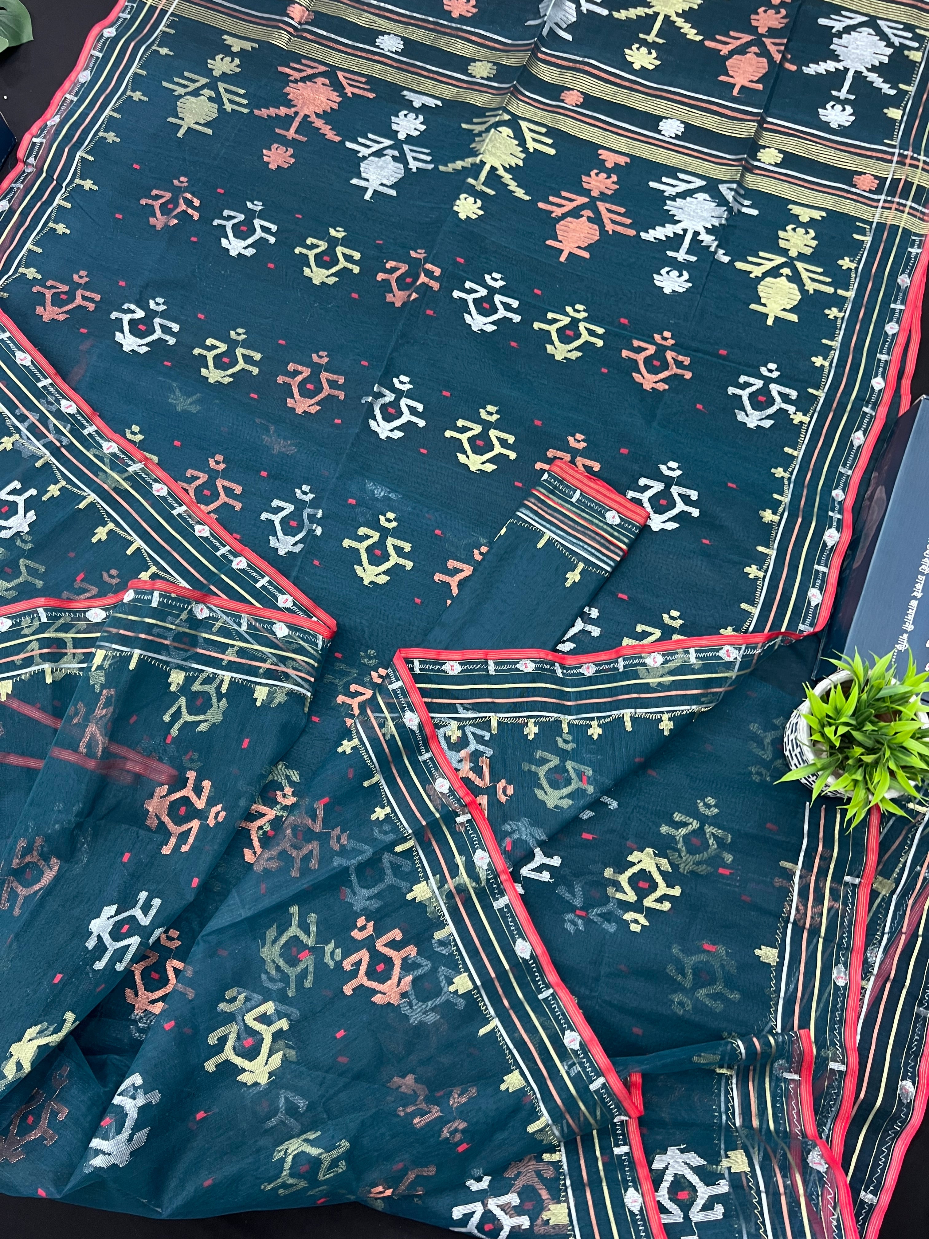 Blue Colour Original Handloom Halfsilk Dhakai Jamdani Saree With Golden Silver & Copper Jori Work